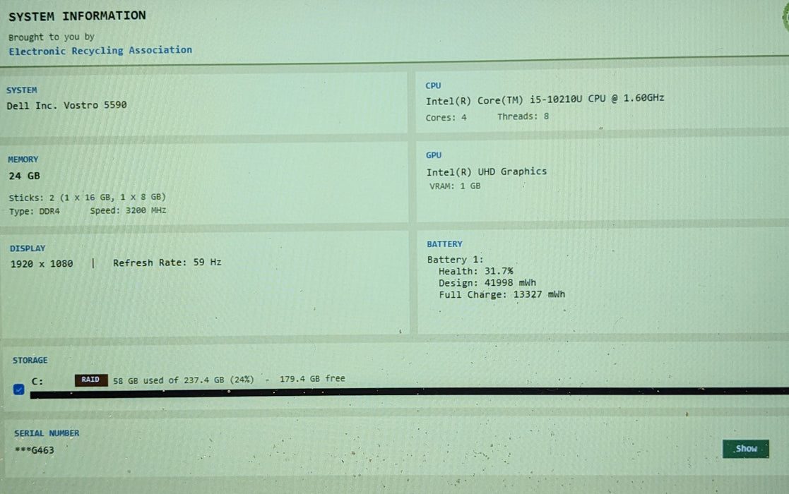 Dell Vostro 5590 Intel i5-10210U 24GB 256GB SSD READ