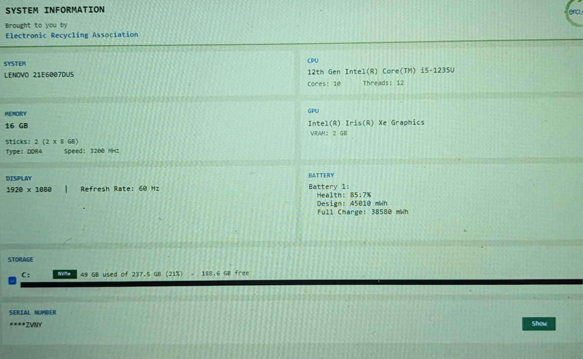 Lenovo ThinkPad E15 Gen 4 Intel Core i5-1235U 1.30GHz 16GB RAM 256GB SSD READ