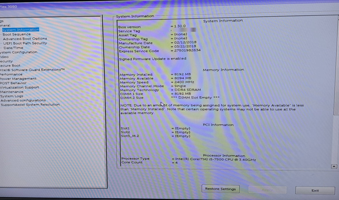 Dell OptiPlex 3050 SFF - Core i5-7500 8GB DDR4 No Storage DVD+/-RW