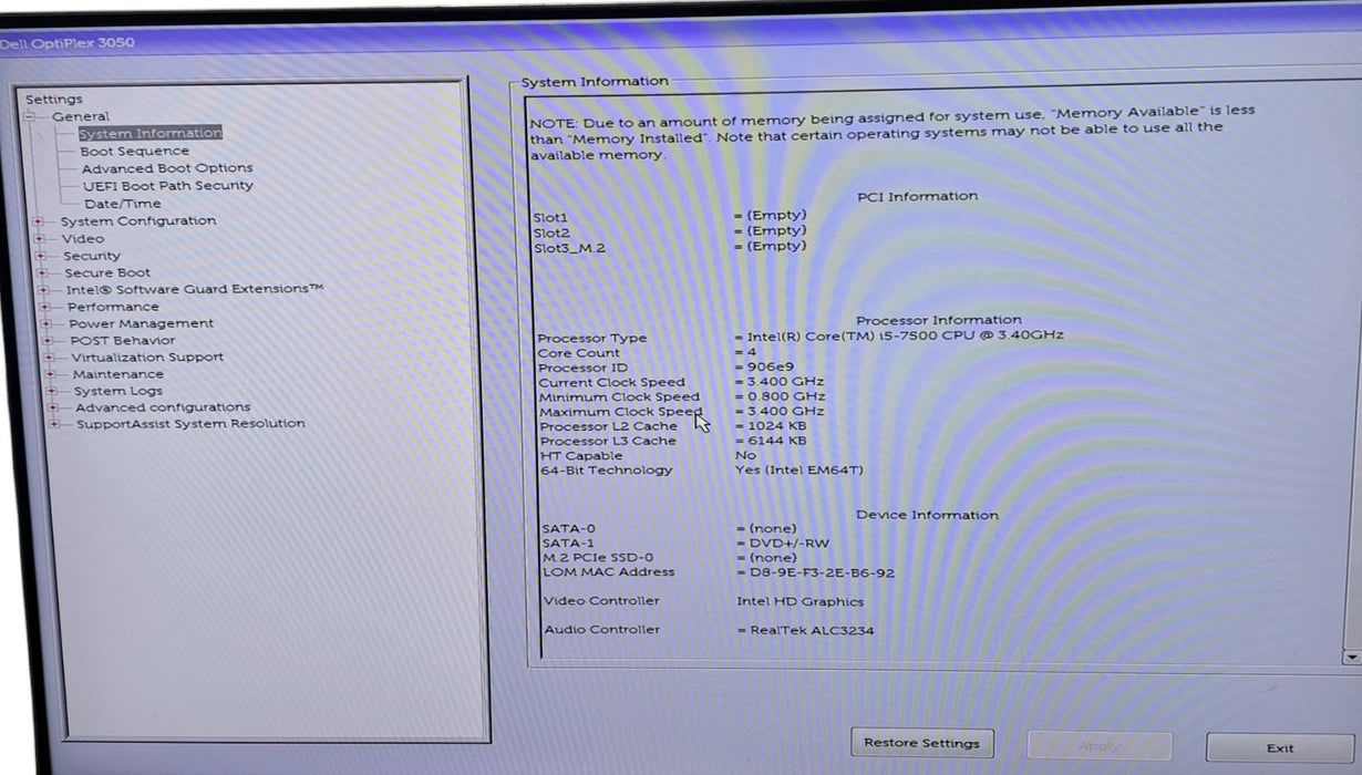Dell OptiPlex 3050 SFF - Core i5-7500 8GB DDR4 No Storage DVD+/-RW