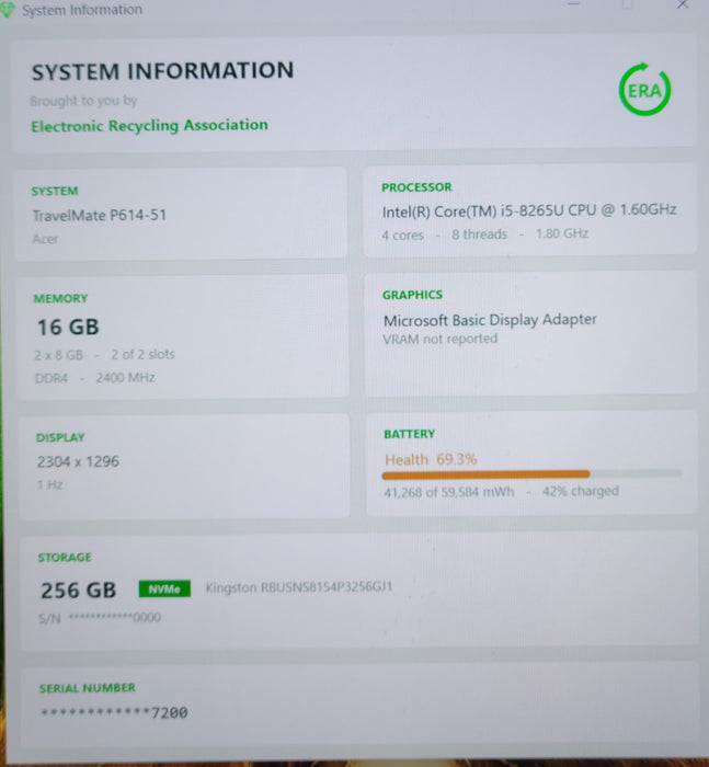 Acer TravelMate P614-51 - Core i5-8265U 16GB DDR4 256GB NVMe + Power Adapter