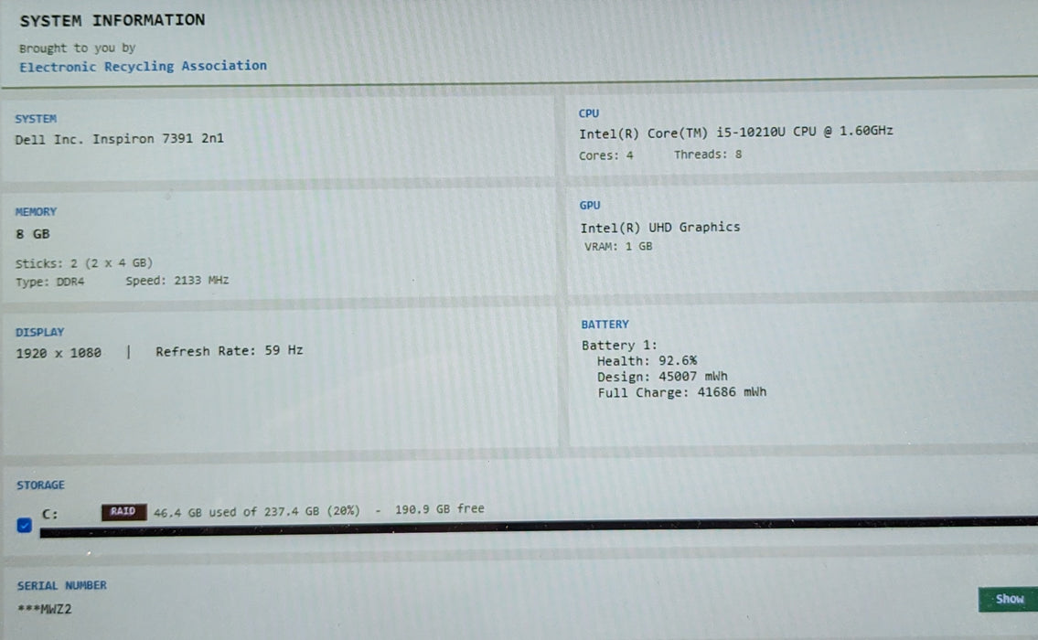 Dell Inspiron 7391 2in1 TOUCH Core i5-10210U@1.6GHz 8GB RAM 256GB SSD READ