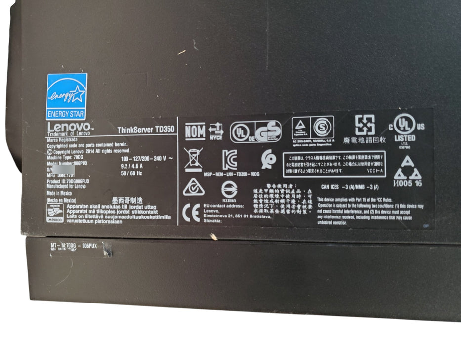 Lenovo ThinkServer TD350 Server No CPU No RAM 2x 750W PSU (READ)