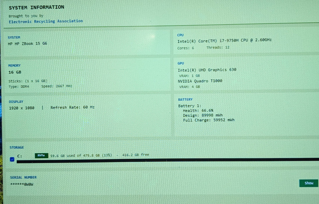 HP ZBook 15 G6 i7-9750H@2.6GHz QUADRO T1000 4GB GPU 16GB RAM 512GB SSD