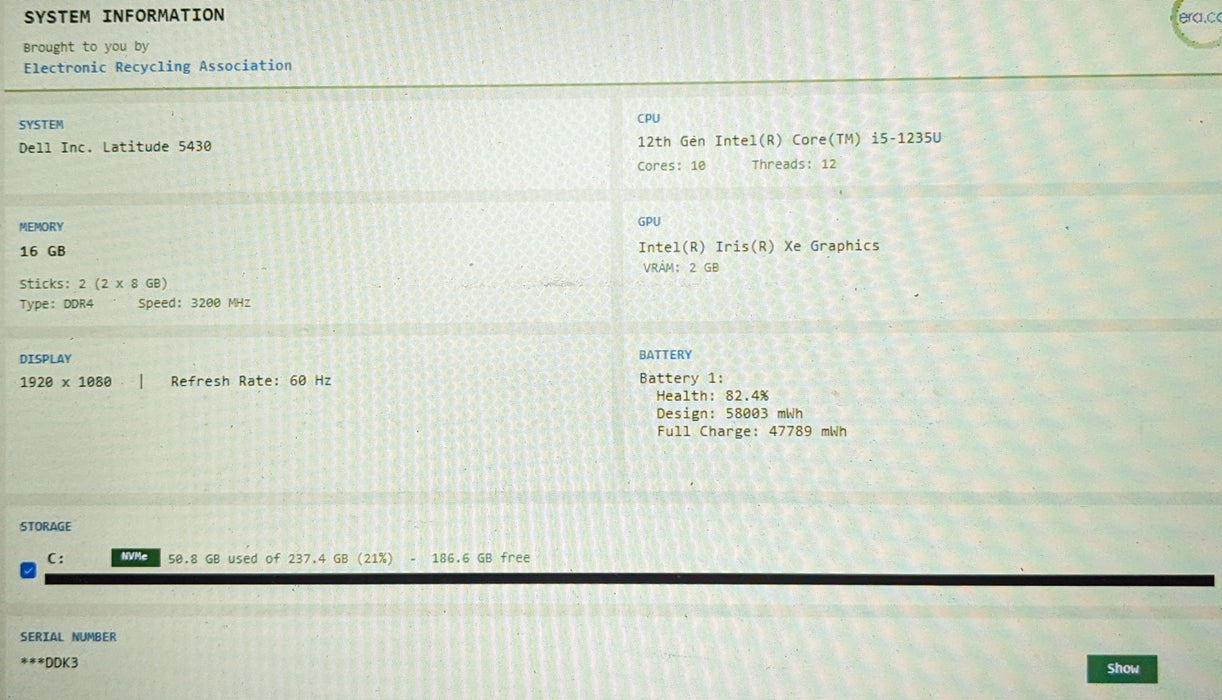 Dell Latitude 5430 Intel Core i5-1235U 1.60GHz16GB RAM 256GB SSD READ