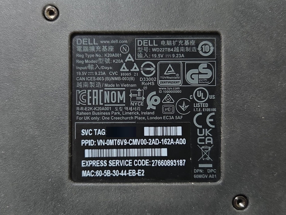 Dell WD22TB4 Thunderbolt 4 Docking Station with Power Adapter