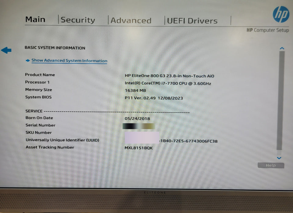 HP EliteOne 800 G3 23.8-in AiO| i7-7700 @3.60GHz 16GB DDR4 256GB NVMe
