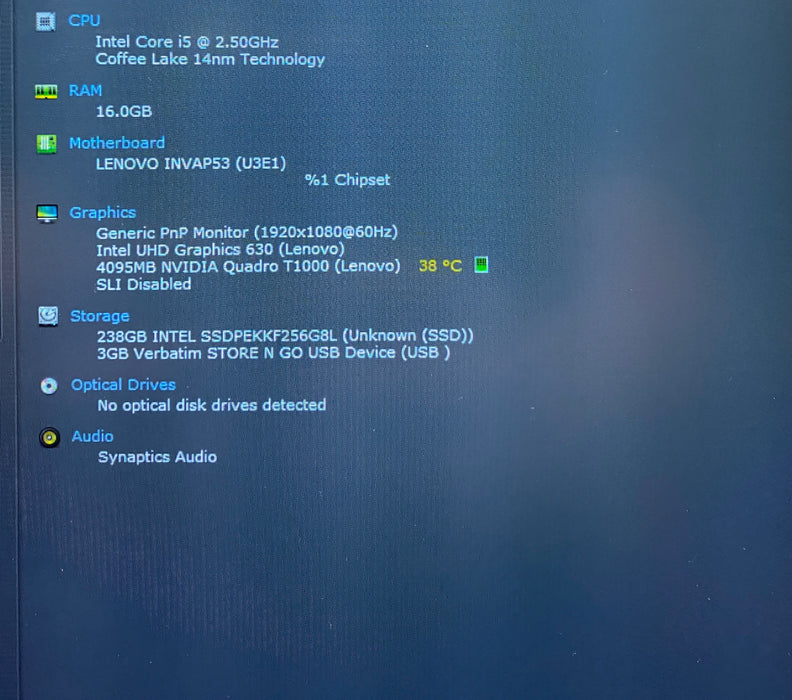 Lenovo ThinkPad P53 i5-9400H 2.50GHz QUADRO T1000 4GB GPU 16GB RAM 256GB SSD