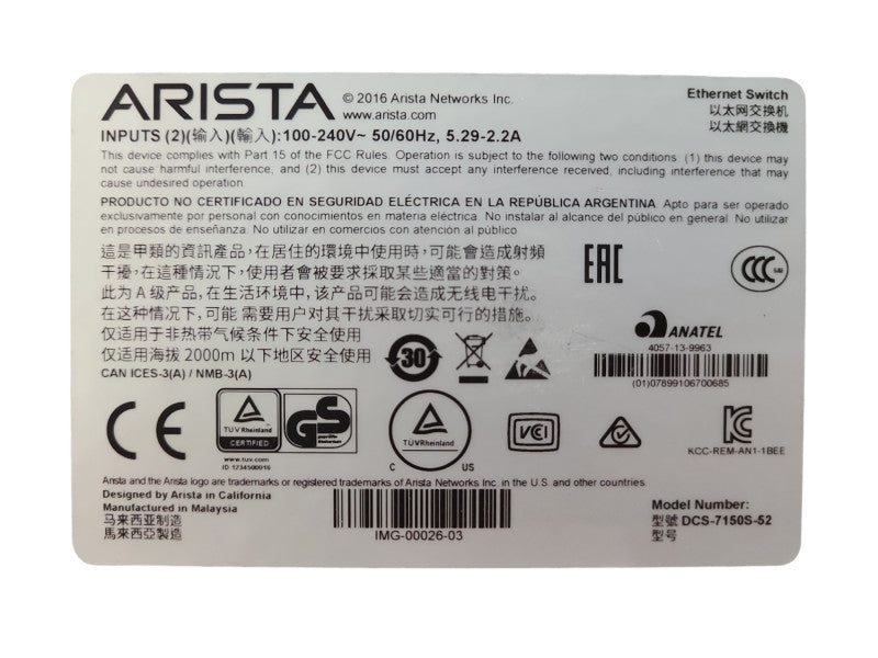 Arista DCS-7150S-52, 52 Port SFP+ Rackmount Switch w/ 2x PSU, READ