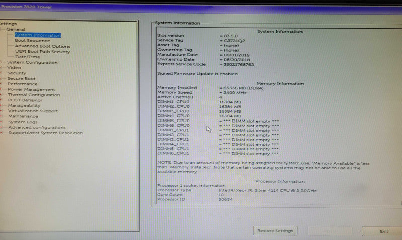 Dell Precision 7820, 1x Xeon Silver 4114 2.2GHz 10C, 64GB DDR4, 2TB HDD, SEE _