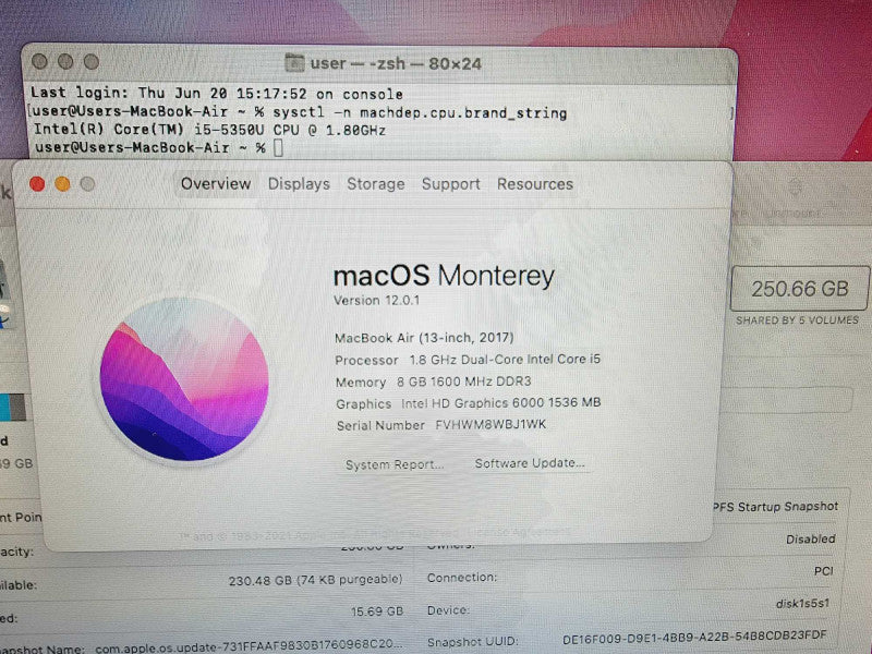 Apple Macbook Air 2017 13\\" 2-Core i5-5350U @ 1.8GHz 8GB DDR3 250GB SSD (