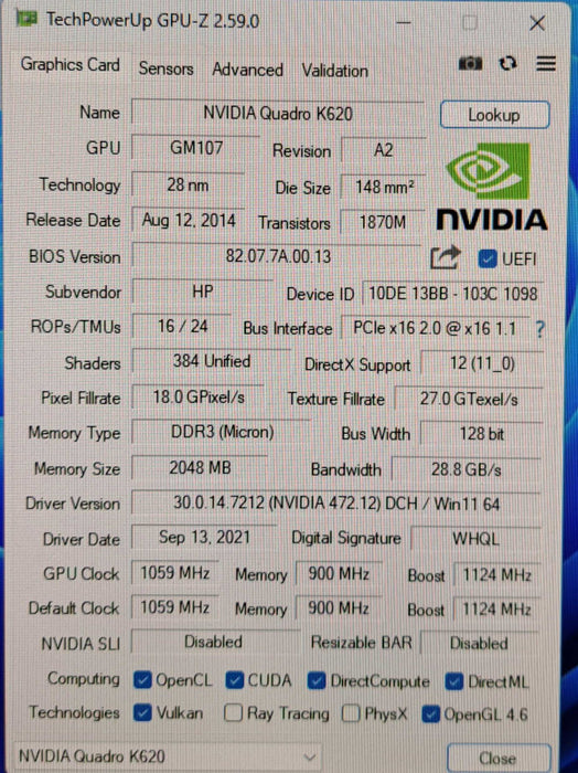 NVIDIA Quadro K620 | 2GB GDDR3 Graphics Card | DisplayPort, DVI