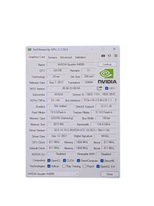NVIDIA Quadro K4200 4GB GDDR5 GPU 1xDVI and 2xDisplay Ports Q