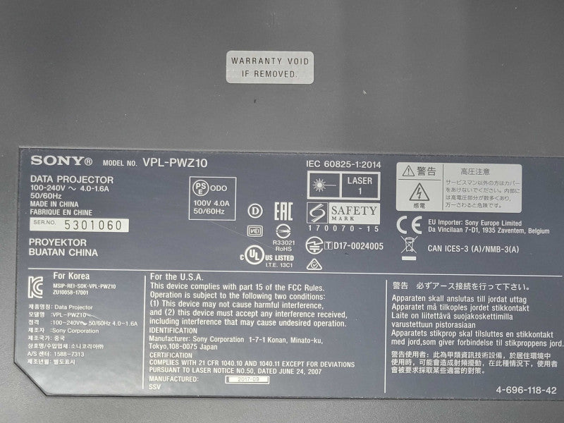 Sony VPL-PWZ10 5,000 Lumens WXGA Projector,  1526 Hours Timer, No Remote _