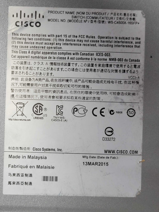 Cisco Catalyst WS-C4500X-16SFP+ 4500X Series Switch 2x Power supplies _