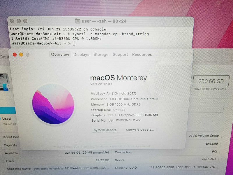 Apple Macbook Air 2017 13\\" 2-Core i5-5350U @ 1.8GHz 8GB DDR3 250GB SSD [Read] (
