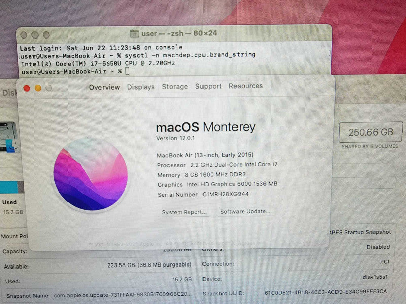 Apple Macbook Air 2015 13\\" 2-Core i7-5650U @ 2.2GHz 8GB DDR3 250GB SSD (