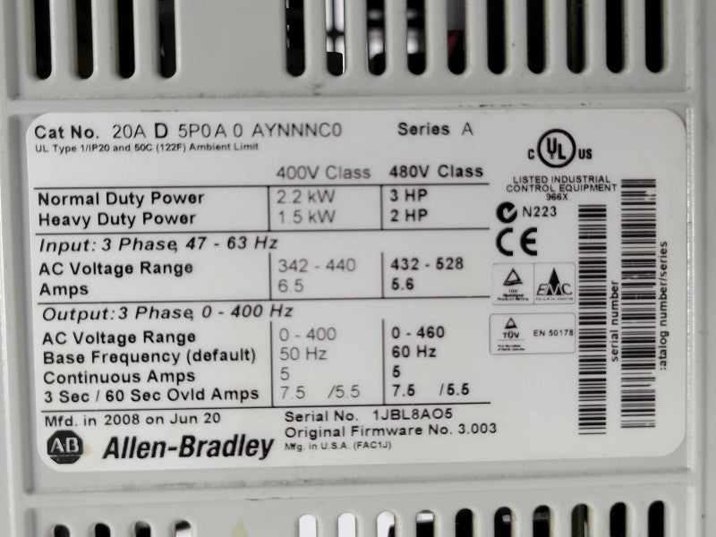 ALLEN BRADLEY 20AD5P0A0AYNNNC0 POWERFLEX 70 AC Drive, READ _