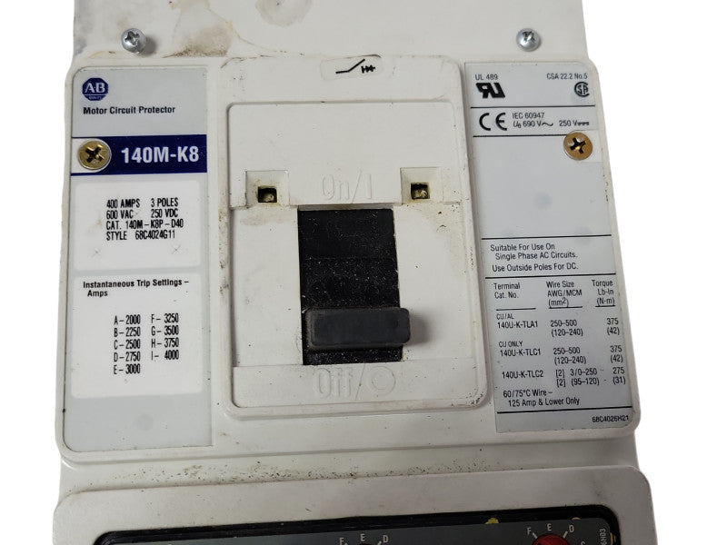 ALLEN BRADLEY 140M-K8 MOTOR CIRCUIT PROTECTOR 400 AMPS 600 VAC 3P READ _