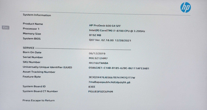 HP ProDesk 600 G4 SFF, i7-8700 3.20GHz, 8GB RAM, 500GB SSD NVMe