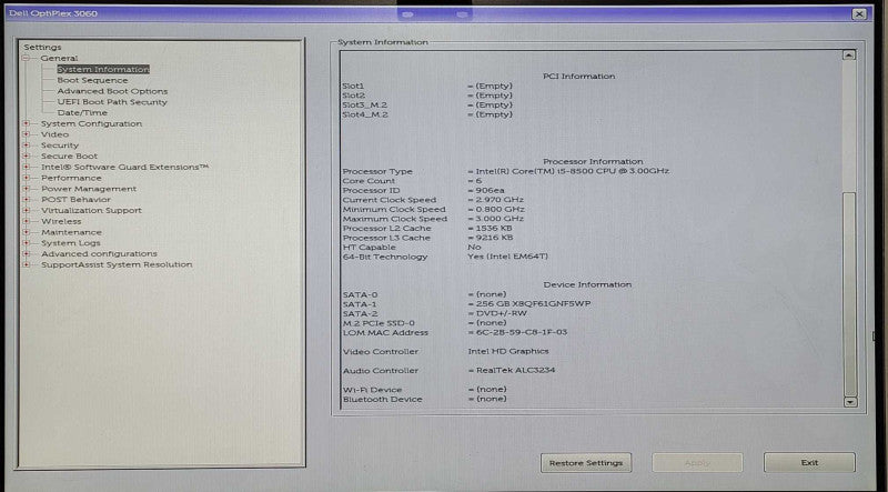 Dell OptiPlex 3060 SFF, i5-8500 3.0GHz, 8GB RAM, 256GB Nvme