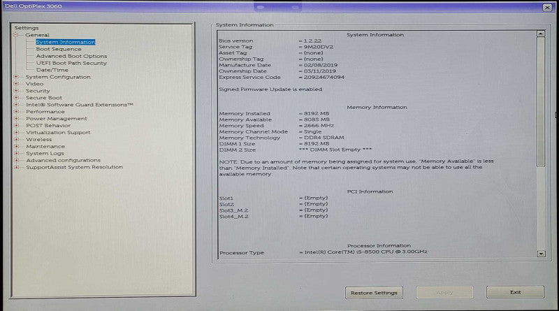 Dell OptiPlex 3060 SFF, i5-8500 3.0GHz, 8GB RAM, 256GB Nvme