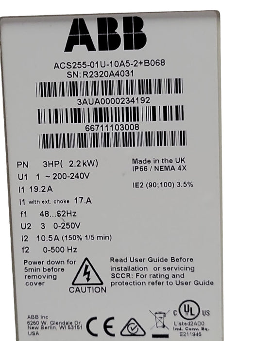 ABB ACS255-01U-10A5-2+B06B 3HP 2.2KW, READ _