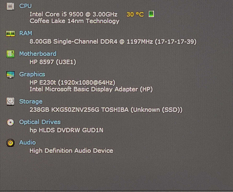 HP Prodesk 600 G5 SFF, i5-9500 3.00GHz, 8GB DDR4, 256GB NVMe