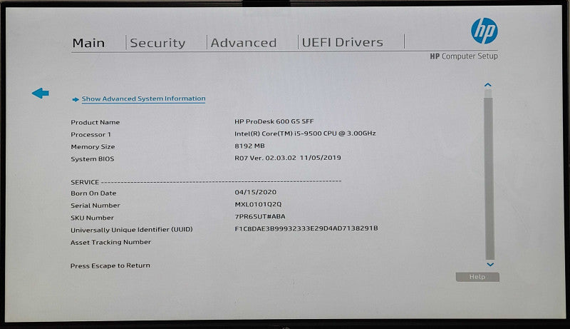 HP Prodesk 600 G5 SFF, i5-9500 3.00GHz, 8GB DDR4, 256GB NVMe
