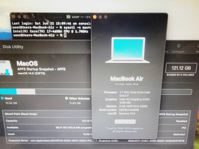 Apple Macbook Air 2014 13\\" 2-Core i7-650U @ 1.7GHz 8GB DDR3 120GB SSD [Sonoma OS] (