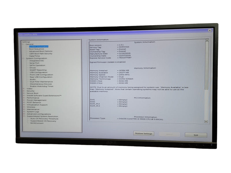 Dell OptiPlex SFF 3070 Intel Core i5 - 9500 CPU  @ 3.00GHz 16GB DDR4  Î¸