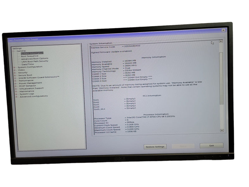 Dell Precision 3630  Tower i7 - 8700 CPU @ 3.20GHz 16GB DDR4 Ram QÎ¸