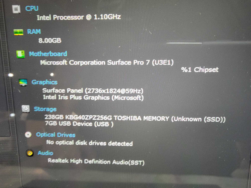 MS Surface Pro 7 1866 | Core i5-1035G4 @1.1GHz | 8GB RAM | 256GB SSD
