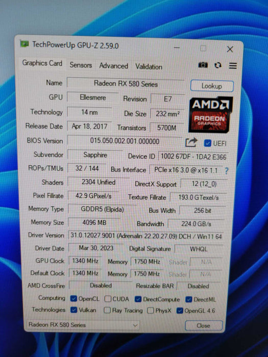 SAPPHIRE NITRO RADEON RX 580 4GB PCIE %