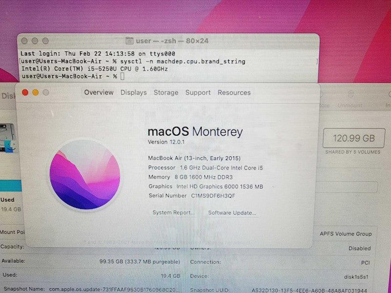 Apple Macbook Air 2015 13\\" 2-Core i5-5250U @ 1.6GHz 8GB DDR3 120GB SSD (