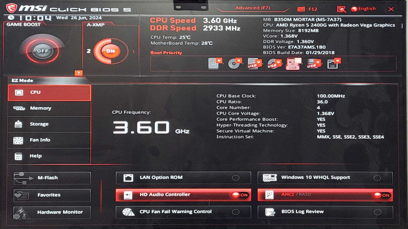 Custom PC/MSI B350M-MORTAR, AMD Ryzen 5 2400G, 8GB DDR4, 256GB NVMe