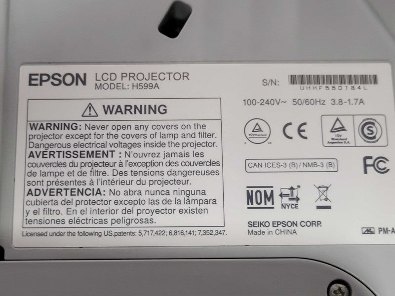 Epson BrightLink 595Wi 3LCD Projector H599A, No Remote, 2785 Hrs Lamp  _