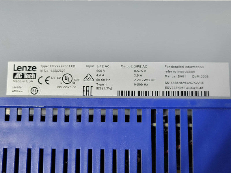Lenze Ac Tech ESV222N06TXB SMVector 3Hp 600v, READ _