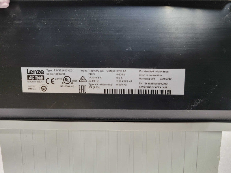 Lenze ESV222N02YXC Ac Vfd Drive 240v-ac 0-500hz 0-230v-ac 3hp, READ _