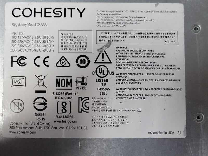 Cohesity C4600-SFP-4 4-Node Chassis with 4x Node servers and 2x PSU, READ _