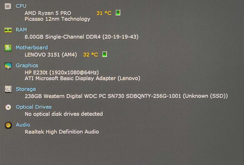 Lenovo M75q-1 USFF, Ryzen 5 PRO 3400GE 3.30GHz 4C, 8GB DDR4, 256GB NVMe, PWR