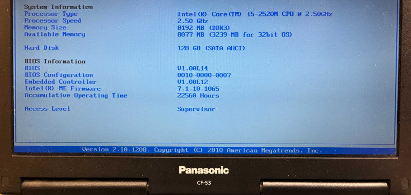 Panasonic ToughBook CF-53 Intel Core i5-2520M 8GB RAM 128GB SSD 22560Hrs.