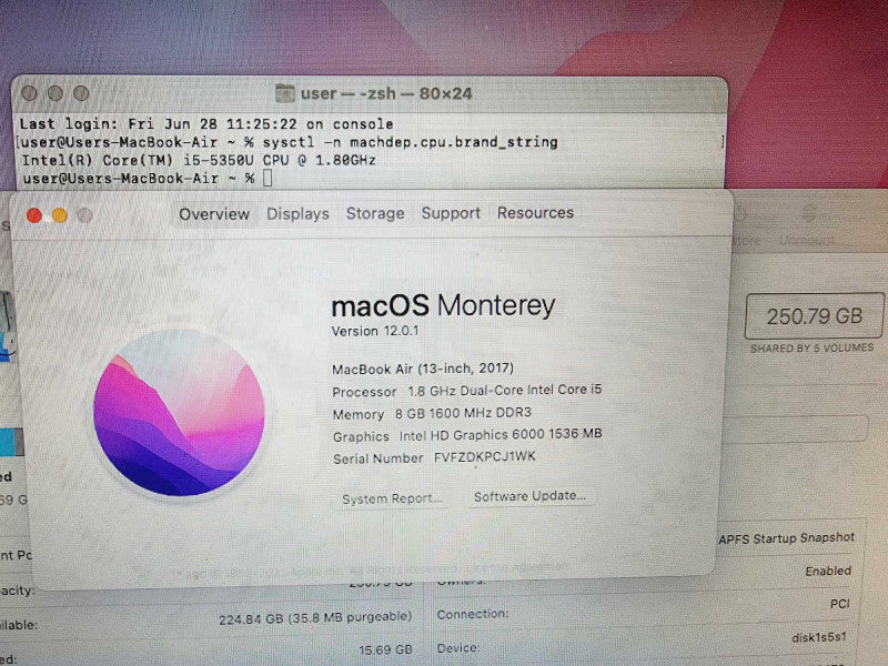 Apple Macbook Air 2017 13\\" 2-Core i5-5350U @ 1.8GHz 8GB DDR3 250GB SSD [Read] (