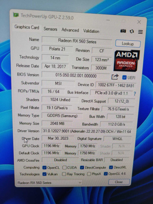MSI AMD RADEON RX560 OC 2GB PCIE %