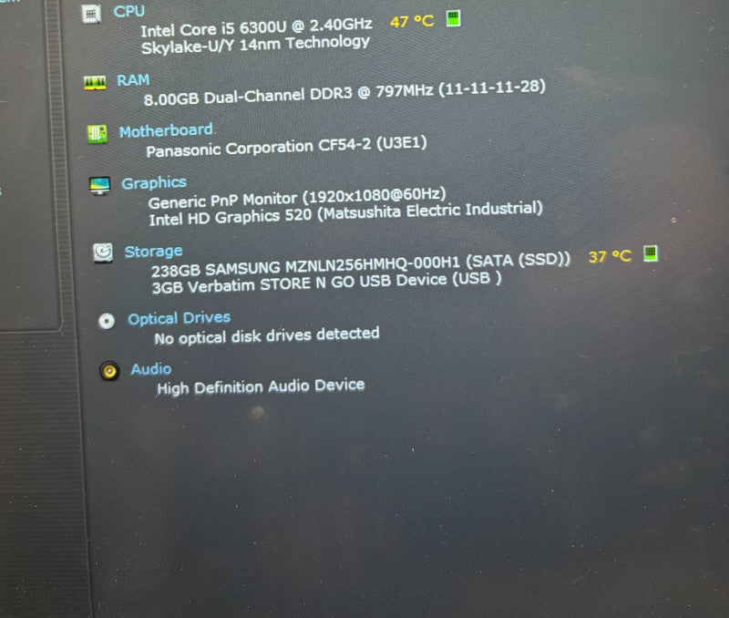 Panasonic ToughBook CF-54 i5-6300U 8GB 256SSD 540Hrs Missing SATA Caddy READ!