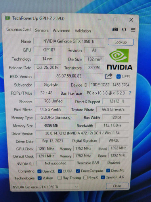 GIGABYTE NVIDIA GTX 1050Ti 4GB PCIE %