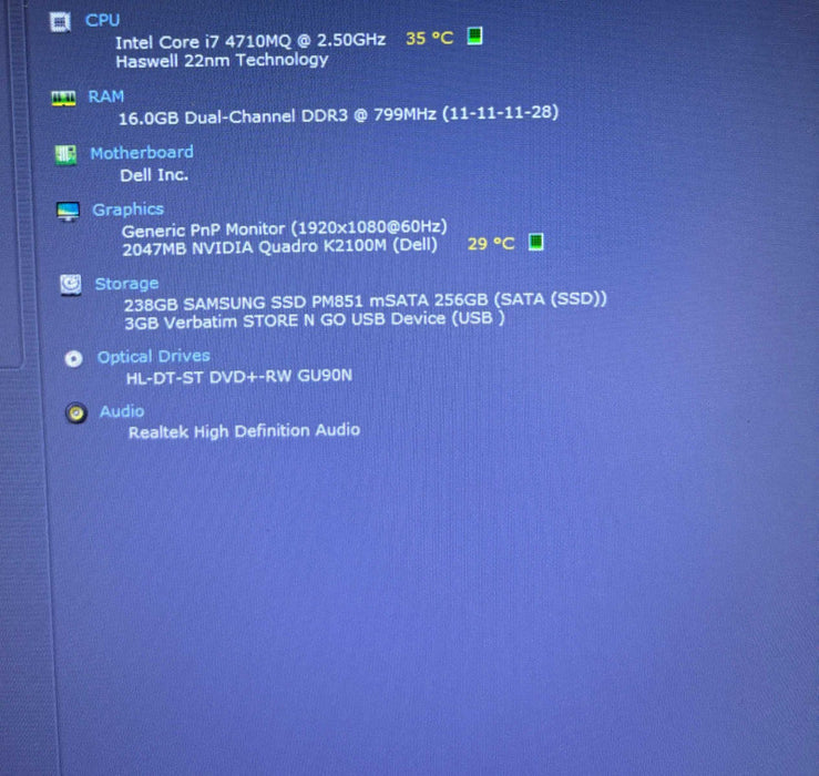 Dell Precision M4800 i7-4800MQ@2.5GHz QUADRO K2100M 2GB GPU 16GB RAM 256SSD  BudLap