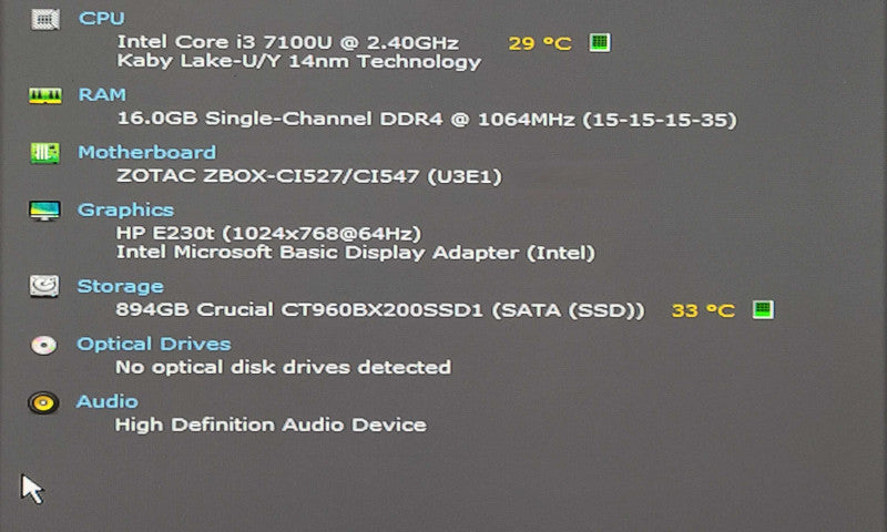 Zotac Zbox CI527 Nano, i3-7100 2.40GHz, 16GB DDR4, 960GB SSD, WiFi