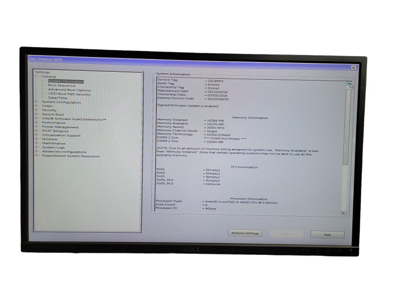 Dell Inspiron 3670 Intel(R) Core(TM) i5 - 8400 CPU Â© 2.80GHz 16GB DDR4 Ram  Î¸