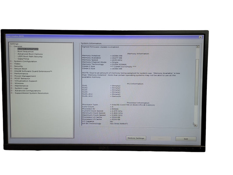 DELL VOSTRO 3670 MT I3 - 8100 CPU @ 3.60GHz 16GB DDR4 Ram Î¸